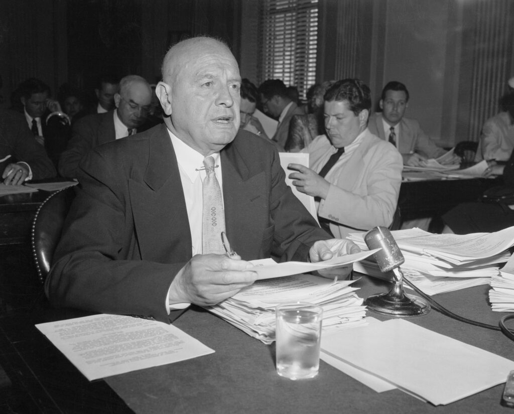 (Original Caption) Washington, DC.: Narcotics Commissioner Harry J. Anslinger as he told the Senate Judiciary Subcommittee here today that there are about 60,000 narcotics addicts in the nation or one in every 3,000 persons. At the same time, Anslinger said that drug addiction among adolescents, which reached its peak in 1951, is showing signs of abating.